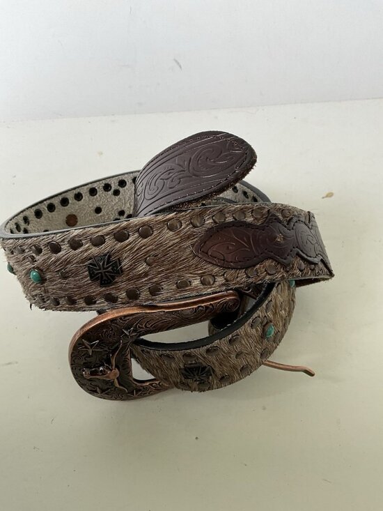 Western Leather Hair On Cowhide Belt Turquoise Stone Copper Buckle Tooled Tip 36